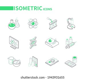 Science and medicine - modern line isometric icons set. Education and studying, laboratory, research concept. Flasks and tubes, microscope, DNA molecule, pills and syringe, calculator and diagrams