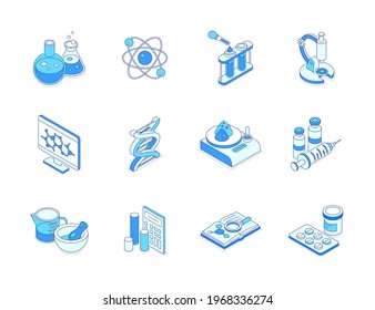 Science and medicine - modern line isometric icons set. Education and studying, laboratory, research concept. Flasks and tubes, microscope, DNA molecule, pills and syringe, calculator and diagrams