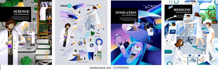 Science, medicine and technology and future innovations. Vector illustration of design concepts for poster, magazine and cover. Isolated drawings of a scientist, doctor and programmer
 
