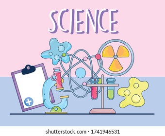 ciencia microscopio medicina nuclear molécula nuclear portapapeles e investigación bacteriana ilustración vectorial de laboratorio
