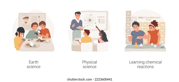 Science Middle School Curriculum Isolated Cartoon Vector Illustration Set. Earth Science, Geology Lesson, Study Physics At School, Learning Chemical Reactions, Chemistry Class Vector Cartoon.