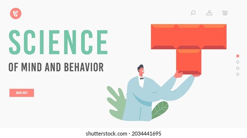 Science of Mind and Behavior Landing Page Template. Tiny Male Character Wearing Medic Robe Holding Huge Colorful Puzzle Piece, Psychology, Doctor Psychologist Help. Cartoon People Vector Illustration