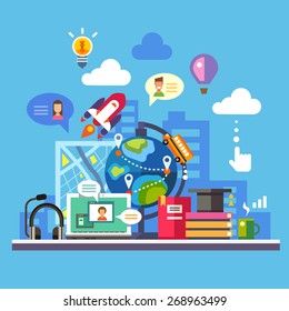 Science and modern technology. Online learning and reading. Imagination concept, social network. Globe, city silhouette, laptop, avatar, balloon, rocket, map, light bulb. Vector flat illustration