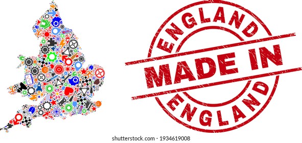 Science mosaic England map and MADE IN scratched rubber stamp. England map collage created with spanners, wheels, tools, components, vehicles, electricity strikes, helmets.
