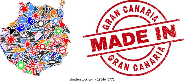 Science mosaic Gran Canaria map and MADE IN textured stamp seal. Gran Canaria map composition formed with wrenches, gear wheels, screwdrivers, aviation symbols, cars, power bolts, details.
