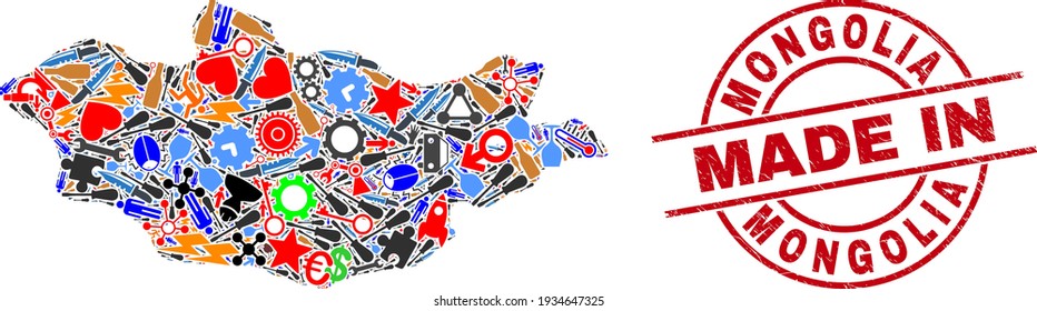 Science mosaic Mongolia map and MADE IN distress rubber stamp. Mongolia map mosaic designed with spanners, cogs, tools,, keys, airplanes, power strikes, details.