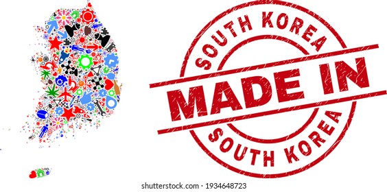 Science mosaic South Korea map and MADE IN grunge seal. South Korea map mosaic formed with spanners, gearwheels, instruments, aircrafts, vehicles, electricity bolts, rockets.