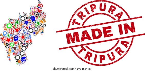 Science mosaic Tripura State map and MADE IN scratched rubber stamp. Tripura State map collage formed with wrenches, gear wheels, instruments, items, vehicles, electricity strikes, helmets.