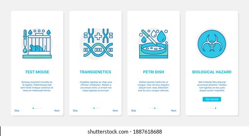 Science mouse test experiment, petri dish, biohazard pathogen vector illustration. UX, UI onboarding mobile app page screen set with line scientific experimental research in microbiology and genetics