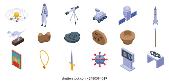 Science museum exhibits icons set. Museum exhibit icons showing artifacts from different eras and branches of knowledge