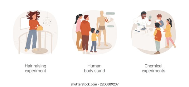 Science Museum Visit Isolated Cartoon Vector Illustration Set. Family Visit Science Museum, Hair Raising Experiment, Human Body Stand, Chemical Lab Show, Museum Exposition For Kids Vector Cartoon.