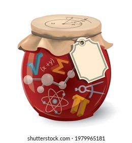 
Science is my jam. Funny vintage concept.
Illustration of jam glass jar with mathematics and physics 3d symbols and label with place for your text. Vector available.