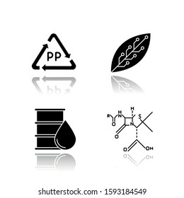 Science and nature drop shadow black glyph icons set. Biotechnology and nanotechnology products. Recycling materials. Working in laboratory. Microbiology scientists. Isolated vector illustrations