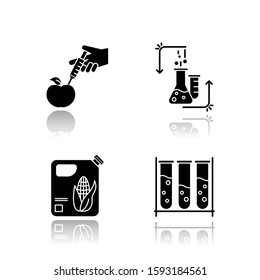Science and nature drop shadow black glyph icons set. Biotechnologies products. Experiment methodology. Working in laboratory. Organic chemistry research. Isolated vector illustrations
