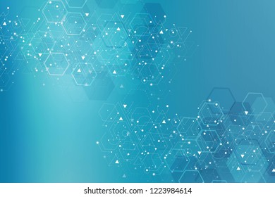 Science network pattern, connecting lines and dots. Technology hexagons structure or molecular connect elements