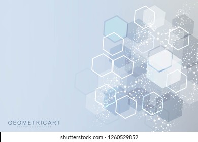 Wissenschaftsnetzmuster, Verbindungslinien und Punkte. Moderne futuristische, virtuelle abstrakte Hintergrundmolekülstruktur für Medizin, Technologie, Chemie, Wissenschaft. Wissenschaftliche sechseckige Vektorillustration.