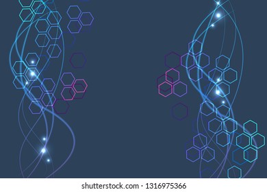 Science network pattern, connecting lines and dots. Technology hexagons structure or molecular connect elements