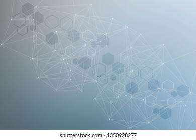 Science network pattern, connecting lines and dots. Technology hexagons structure or molecular connect elements