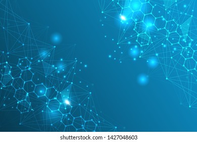 Science network pattern, connecting lines and dots. Technology hexagons structure or molecular connect elements.