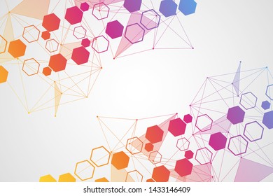 Science network pattern, connecting lines and dots. Technology hexagons structure or molecular connect elements.