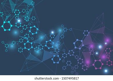 Science network pattern, connecting lines and dots. Technology hexagons structure or molecular connect elements.