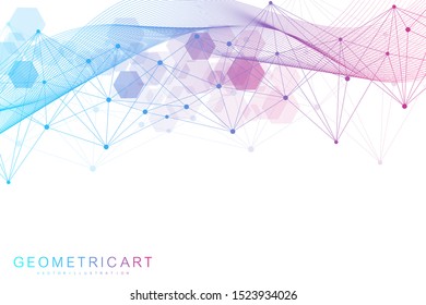 Science network pattern, connecting lines and dots. Technology hexagons structure or molecular connect elements.