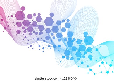 Science network pattern, connecting lines and dots. Technology hexagons structure or molecular connect elements.