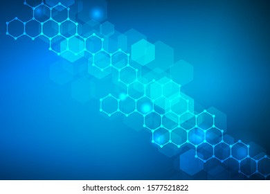 Science network pattern, connecting lines and dots. Technology hexagons structure or molecular connect elements.