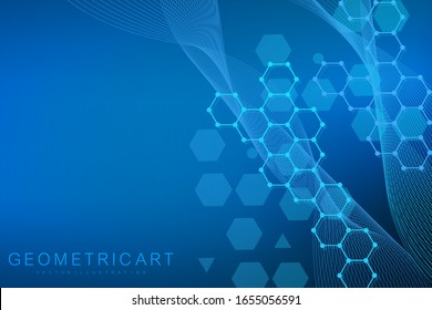 Science network pattern, connecting lines and dots. Technology hexagons structure or molecular connect elements.