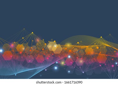 Science network pattern, connecting lines and dots. Technology hexagons structure or molecular connect elements.