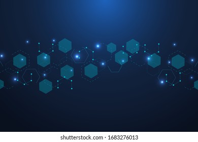 Science network pattern, connecting lines and dots. Technology hexagons structure or molecular connect elements.