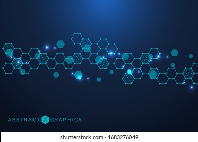 Science network pattern, connecting lines and dots. Technology hexagons structure or molecular connect elements.