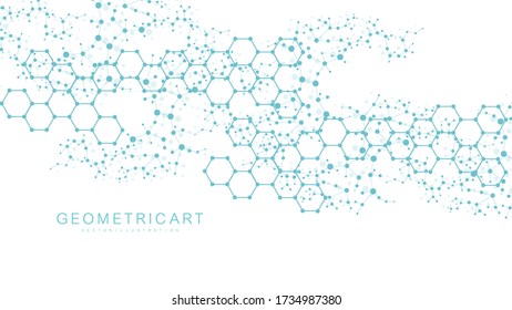 Science network pattern, connecting lines and dots. Technology hexagons structure or molecular connect elements.