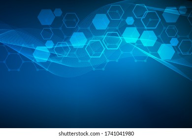 Science network pattern, connecting lines and dots. Technology hexagons structure or molecular connect elements.