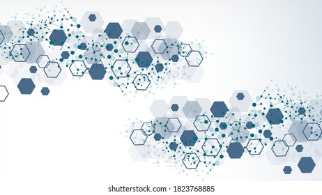 Science network pattern, connecting lines and dots. Technology hexagons structure or molecular connect elements.