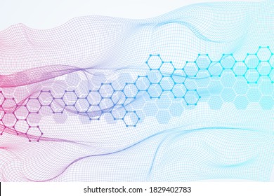 Science network pattern, connecting lines and dots. Technology hexagons structure or molecular connect elements.
