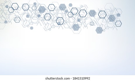 Science network pattern, connecting lines and dots. Technology hexagons structure or molecular connect elements.