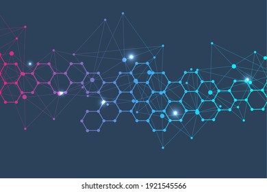 Science network pattern, connecting lines and dots. Technology hexagons structure or molecular connect elements.