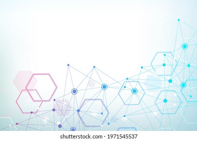 Science network pattern, connecting lines and dots. Technology hexagons structure or molecular connect elements