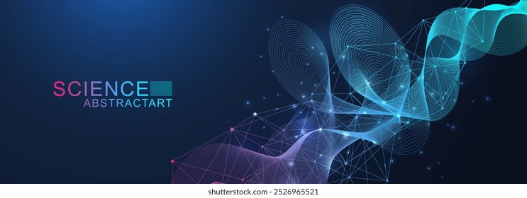 Science network pattern, connecting lines and dots. Technology hexagons structure or molecular connect elements.