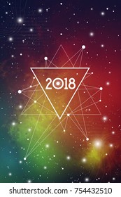 Science New Year 2018 Greeting Card or Calendar Cover with Interlocking Geometry Shapes Art and Golden Ratio Digits on Space Background.