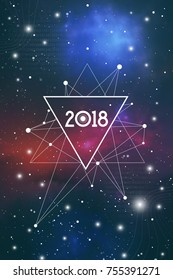Science New Year 2018 Greeting Card or Calendar Cover with Interlocking Geometry Shapes Art and Golden Ratio Digits on Space Background.