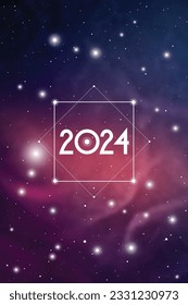 Science New Year 2024 Greeting Card or Calendar Cover with Interlocking Geometry Shapes Art and Golden Ratio Digits on Space Background.