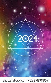Science New Year 2024 Greeting Card or Calendar Cover with Interlocking Geometry Shapes Art and Golden Ratio Digits on Space Background.