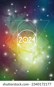 Science New Year 2024 Greeting Card or Calendar Cover with Interlocking Geometry Shapes Art and Golden Ratio Digits on Space Background.
