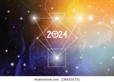 Science New Year 2024 Greeting Card or Calendar Cover with Interlocking Geometry Shapes Art and Golden Ratio Digits on Space Background.