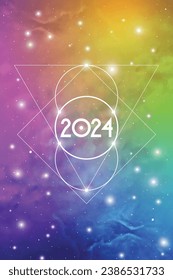 Science New Year 2024 Greeting Card or Calendar Cover with Interlocking Geometry Shapes Art and Golden Ratio Digits on Space Background.