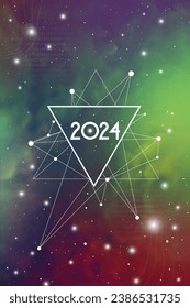 Science New Year 2024 Greeting Card or Calendar Cover with Interlocking Geometry Shapes Art and Golden Ratio Digits on Space Background.