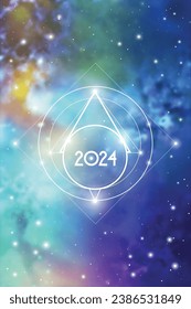 Science New Year 2024 Greeting Card or Calendar Cover with Interlocking Geometry Shapes Art and Golden Ratio Digits on Space Background.
