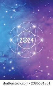 Science New Year 2024 Greeting Card or Calendar Cover with Interlocking Geometry Shapes Art and Golden Ratio Digits on Space Background.